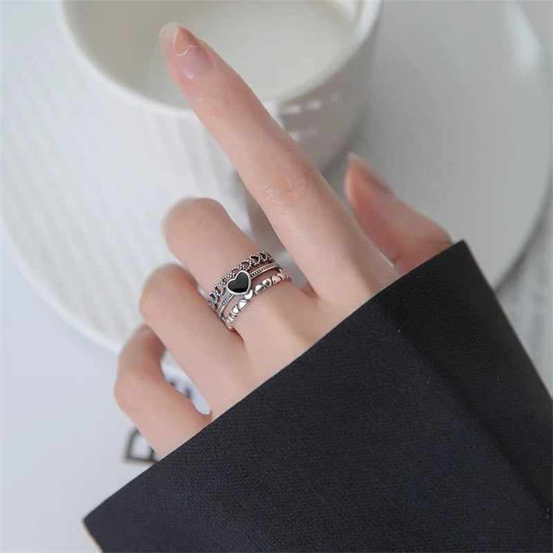 Retro Carved Three Layer Heart Ring - Adjustable Open Band for Men Women