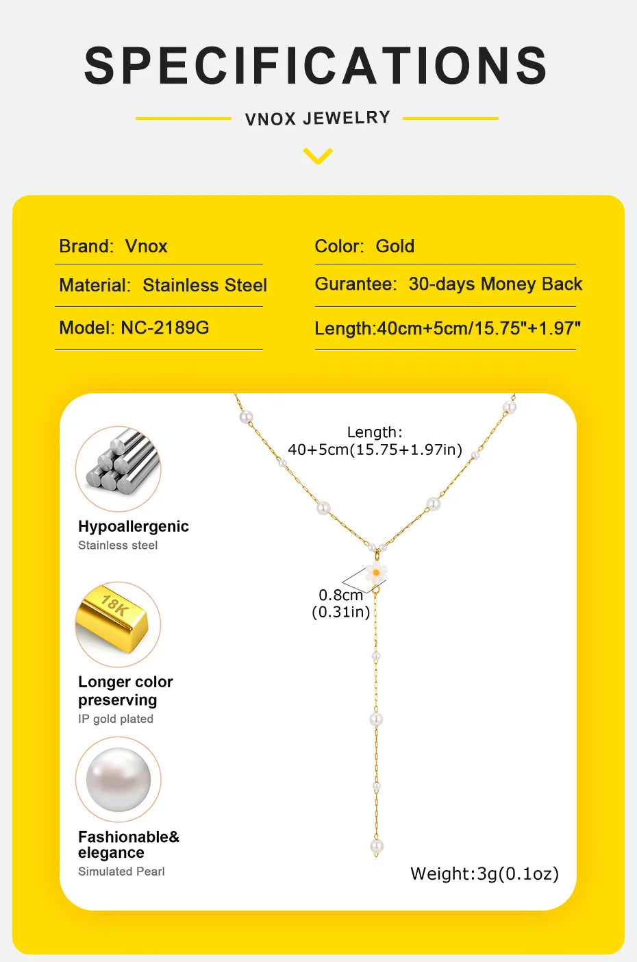 Vnox Flower Pearls Long Chain Drop Necklace For Women, Stainless Steel Waterproof Layered Jewelry, Light Luxury Collarbone Chain
