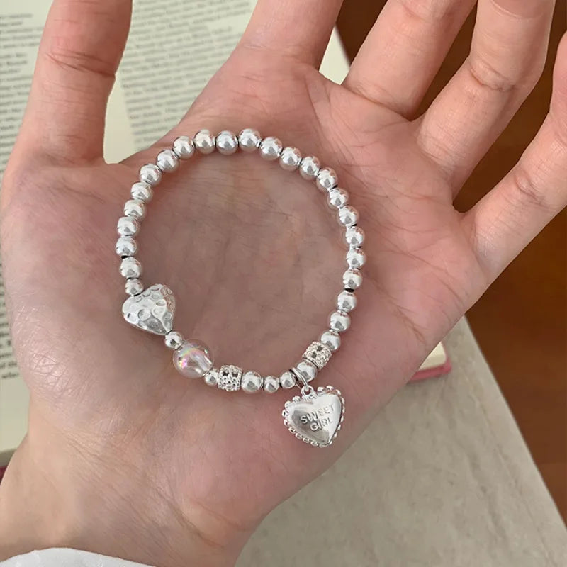 New 925 Silver Geometric Bead Punk Peace of Mind Words Irregular String Bracelet For Woman Girl Fashion Jewelry Gift Dropship