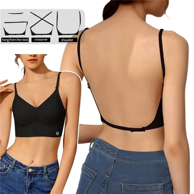 Women Invisible Bra Deep U Plunge Bras Backless Top for Dresses Sexy Lingerie with Transparent Strap Push Up Strapless Underwear