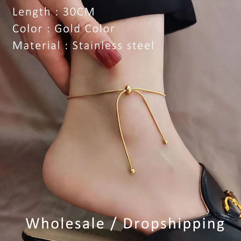 Stainless Steel Adjustable Anklet for Woman Round Snake Chain Pull-Out Anklet Button Birthday Gift Jewelry on Foot Wholesale