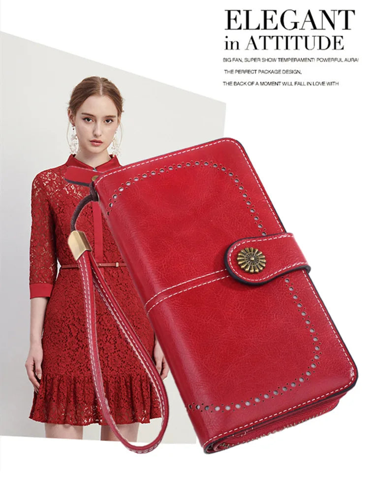 Fashionable new hollow out coin purse for women's oily leather phone bag, long zipper handbag,coin bag Triple fold ladies wallet