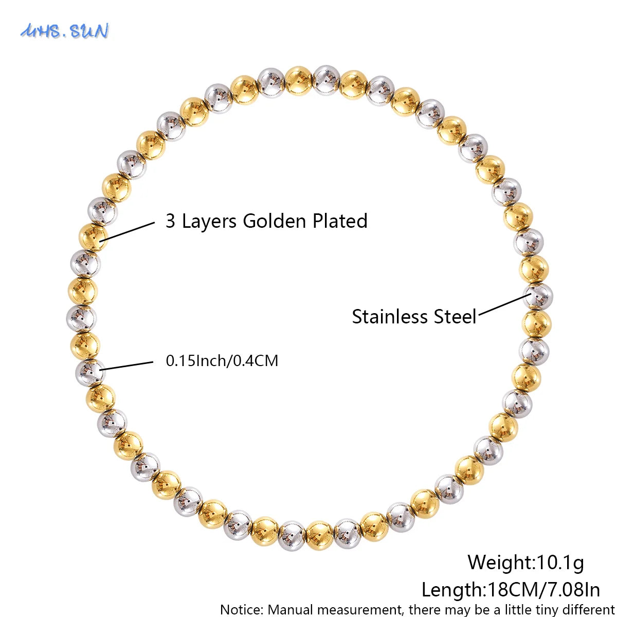 MHS.SUN Fashion Waterproof Smooth Stainless Steel Bracelets 2-10mm Elastic Beaded Gold Plated Stackable Bracelet Women Jewelry