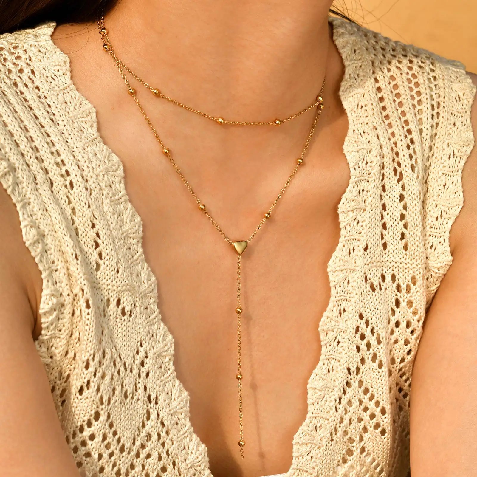 Dainty Bead Chain Zircon Heart-shaped Necklace for Women,Stainless Steel Flower Tassel Double Layer Y-shaped Necklaces Jewelry