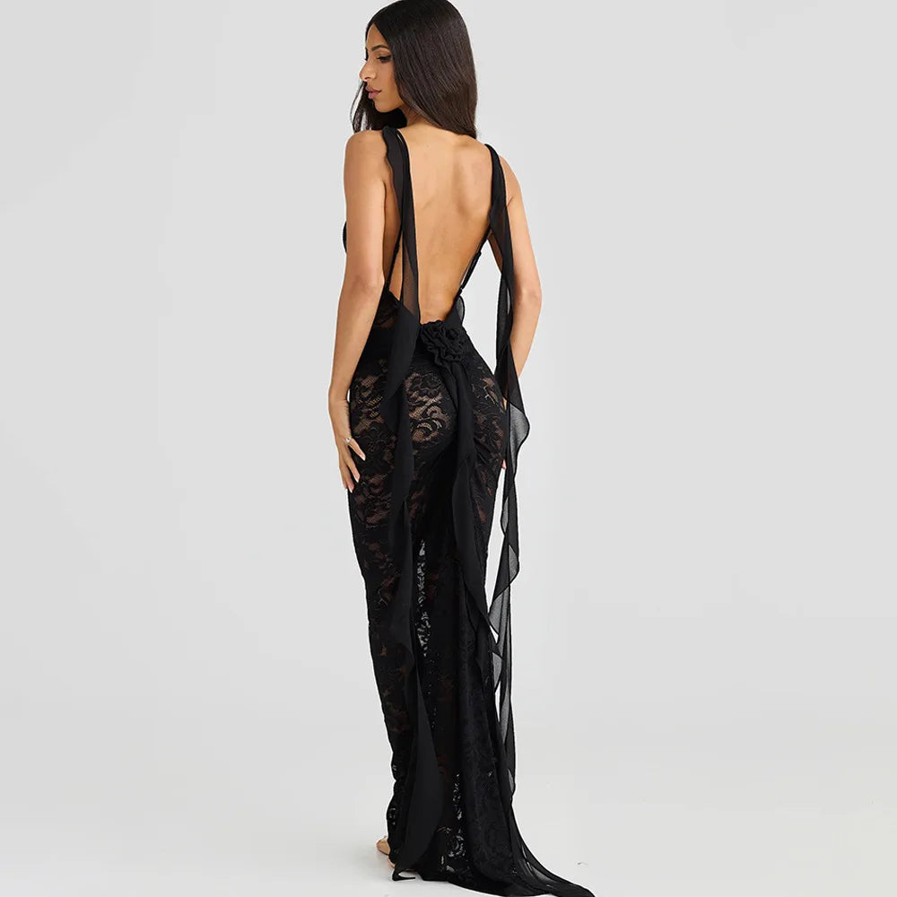 Articat Sexy Sleeveless Lace Patchwork Print Women Backless Party Evening Dress 2024 New Trailing Long Skirt Flowing Vestido