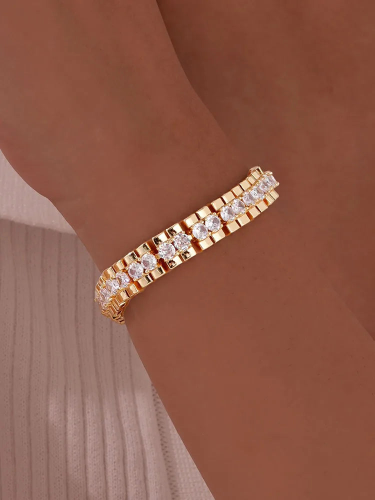 Paperclip Chain Bracelet 14K Gold Plated Cubic Zirconia Watch Strap Chunky Link Adjustable Stackable Jewelry For Women Girl Gift