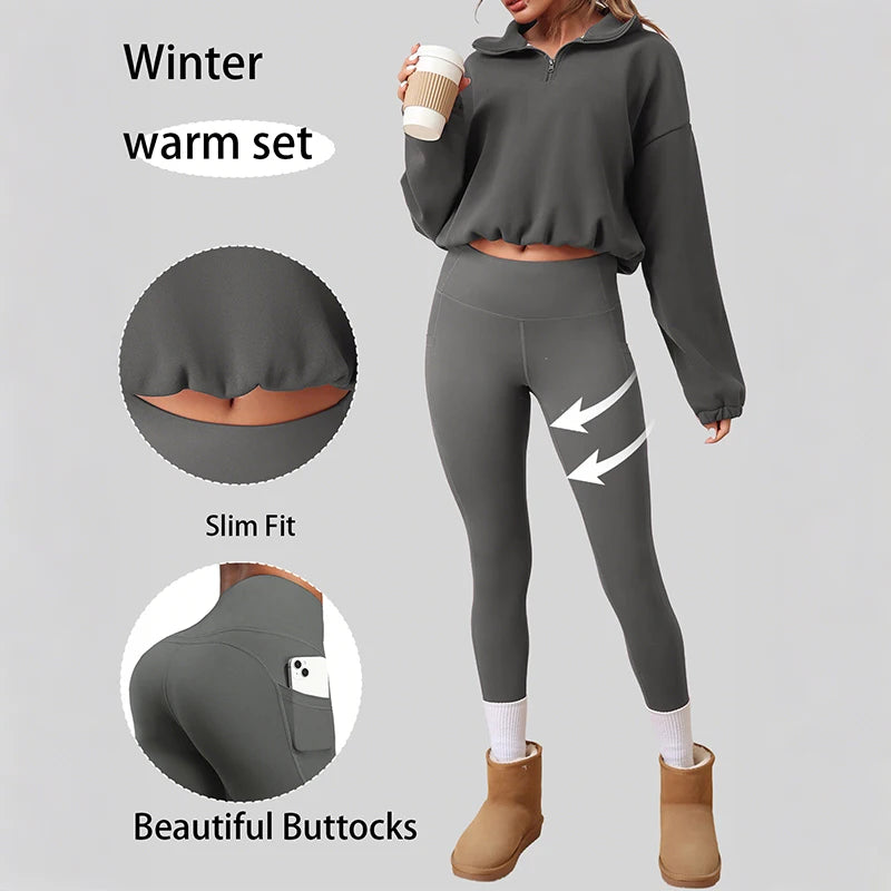 2PCS Thermal Yoga Set Fleece Fintness Suit Women's Sports Set  Fleece Pullover Sweatshirt with Non-fleece-lined  Leggings