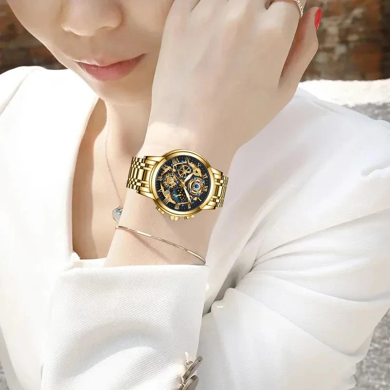 LIGE 2024 Gold Women Watch - Waterproof Sport Quartz Chronograph