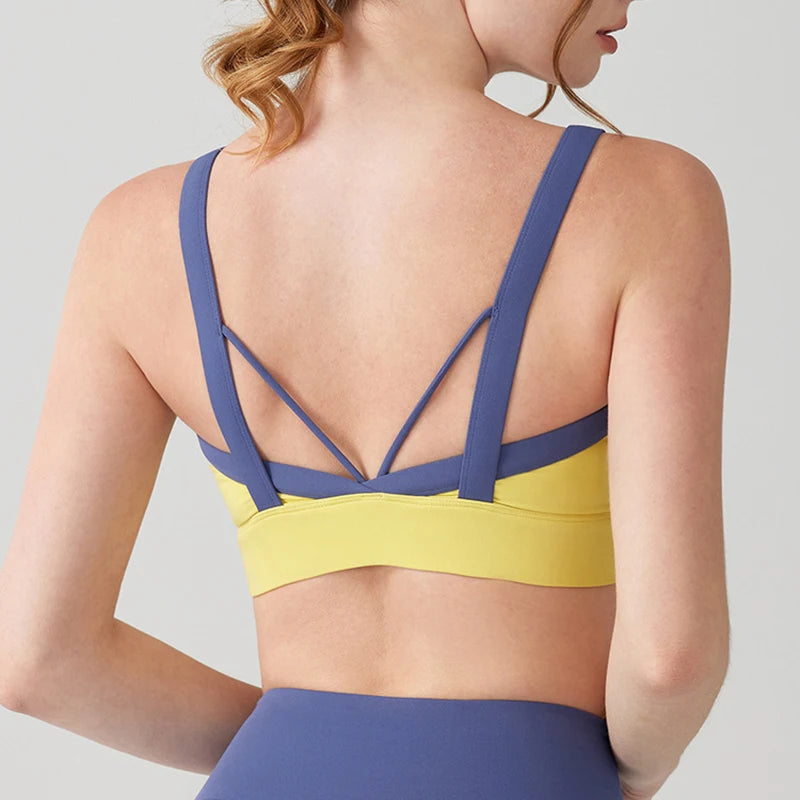 High Intensity Color Blocking Cross Back Integrated Yoga Set 2PCS Sports Underwear High Waist and Hip Lifting Fitness Leggings