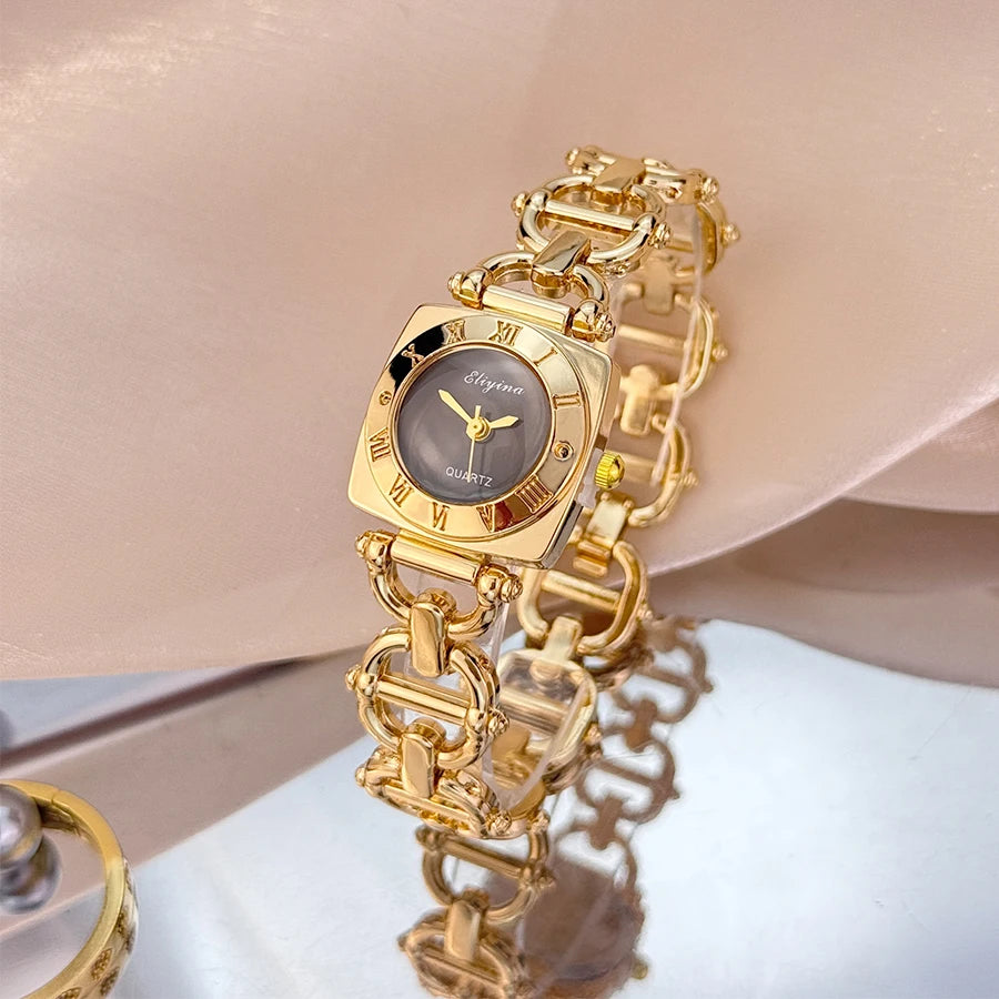High-End Women's Skeleton Design Watch Square Roman Hour Markers Light Luxury Fashion Cross-Border Best-Seller Ladies Watch