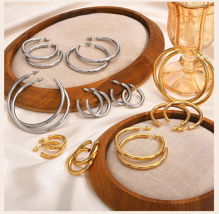 Waterproof Chunky Circle Hoop Earrings For Women, Gold Plated Stainless Steel Loop Earring 25/42/50/63mm
