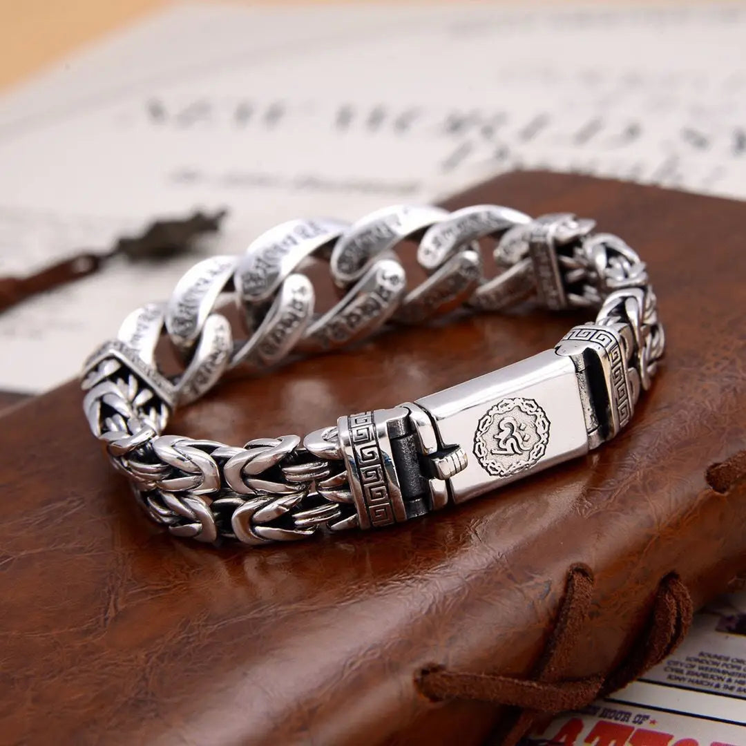 S925 Sterling Silver Personalized Men and Women Bracelets Six-Character Peace Pattern Cuban Chain Jewelry Exquisite Gift
