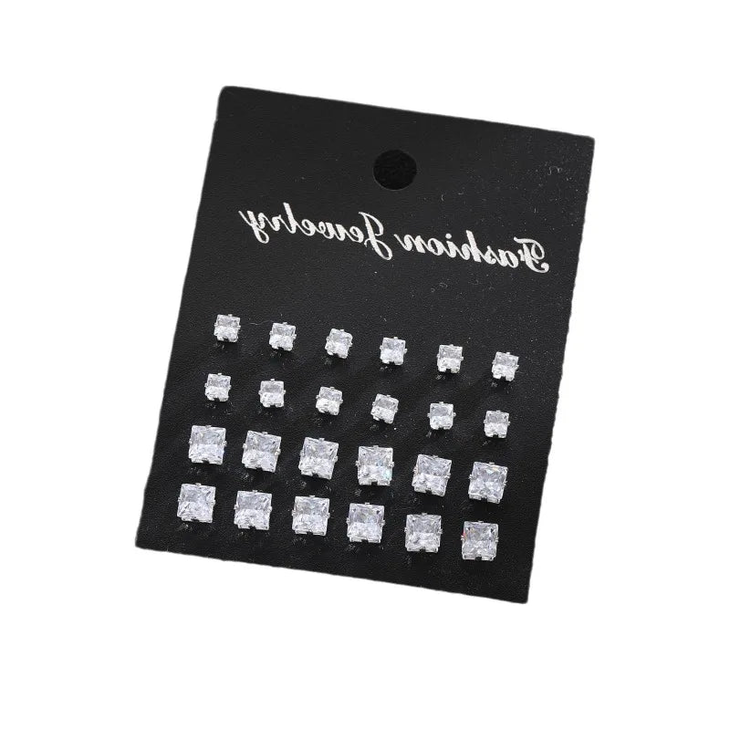 12 Pairs of Fashionable and Simple Square Zircon Earrings Set for Both Men and Women, Suitable for Daily Wear