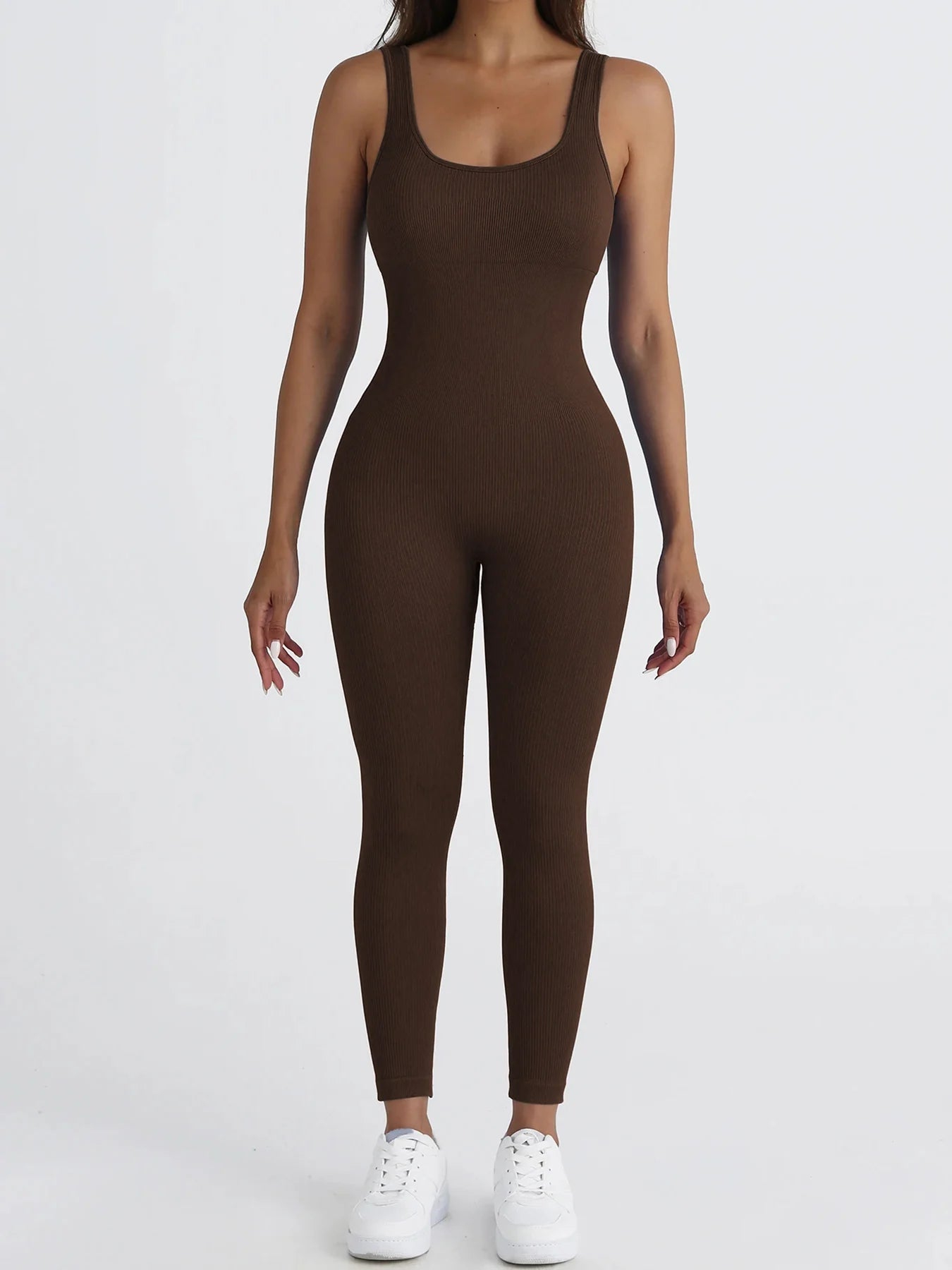 Women Workout Seamless Jumpsuit Yoga Ribbed Bodycon One Piece Square Neck Leggings Romper