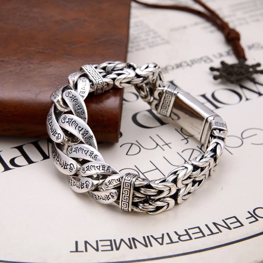 S925 Sterling Silver Personalized Men and Women Bracelets Six-Character Peace Pattern Cuban Chain Jewelry Exquisite Gift