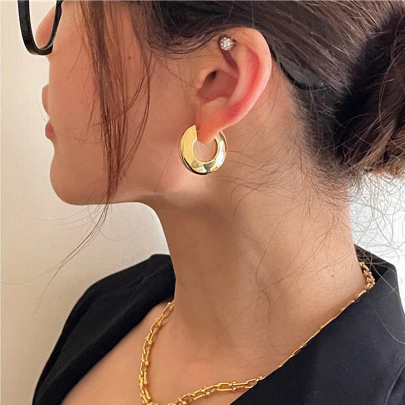 New Design Round Metal Hoop Earrings Simple Stylish Thick Brass Hollow Circle Earring Ear Buckle Minimalist Trend Daily Earrings