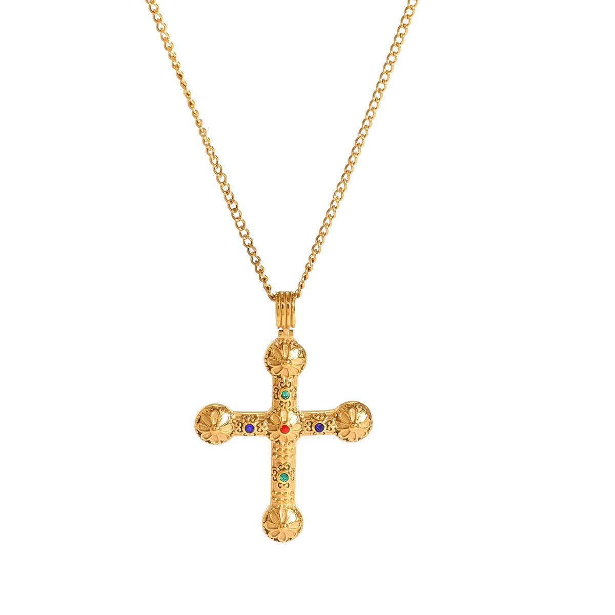 Youthway New Design Gold Plated Colorful Zircon Cross Pendant Necklace For Unisex Waterproof Stainless Steel Jewelry Accessory