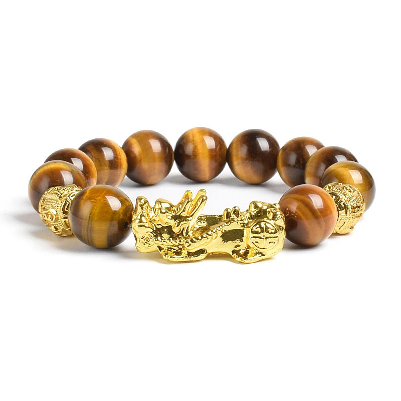 Pi Xiu Tiger Eye Stone Beads Bracelet Feng Shui Yellow Power Stone Women Men Elastic Jewelry Gold Color Pixiu Good Luck Bracelet