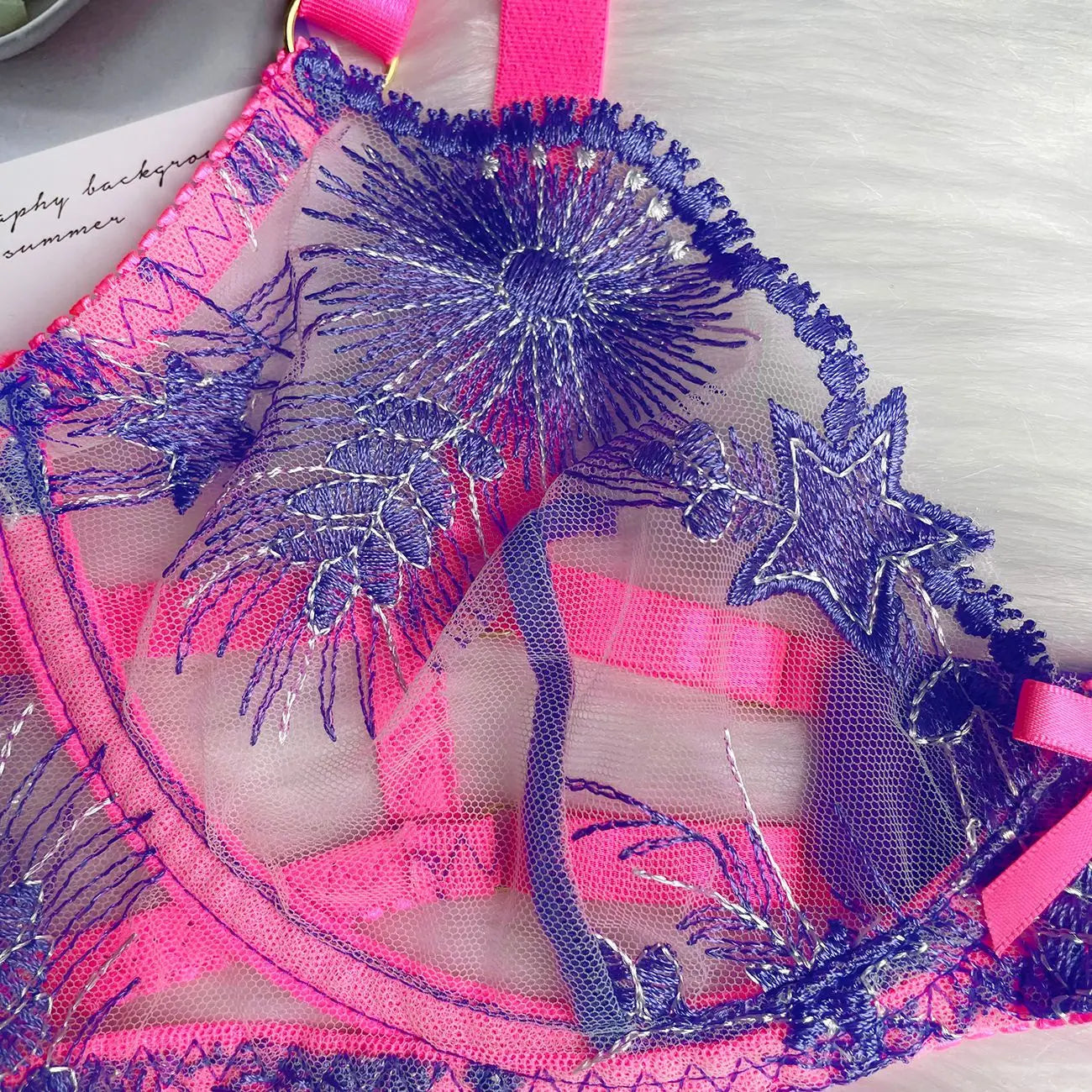 Ellolace Pink Fancy Lingerie Floral Luxury Lace See Through Underwear Sensual Garter Belt Set Contrast Color Fairy Outfit