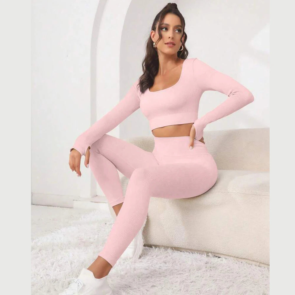 New autumn style threaded long sleeve trousers set, breathable and elastic, a good choice for sports yoga,