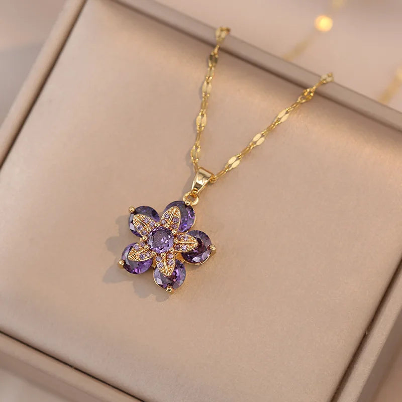 Shiny Zircon Romantic Flower Pendant Necklace For Women Gold Plated Rotatable Flowers Choker Girls Wedding Party Luxury Jewelry
