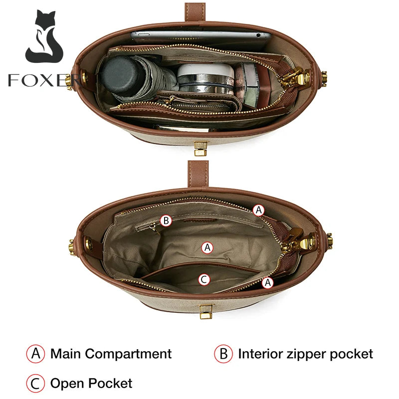 FOXER Women Small Crossbody Bag Lady Fashion Bucket Shoulder Bag 2025 Girl Summer Handbag Purse Special Gift