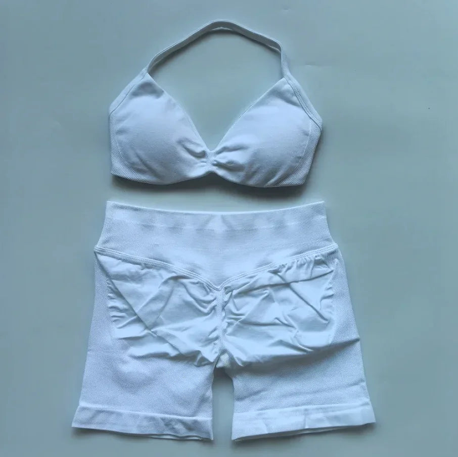 Seamless Sportswear Workout Set Women Two Piece Strappy Yoga Bra Top Scrunch Shorts Gym Clothes