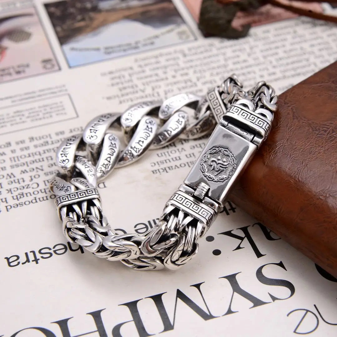 S925 Sterling Silver Personalized Men and Women Bracelets Six-Character Peace Pattern Cuban Chain Jewelry Exquisite Gift