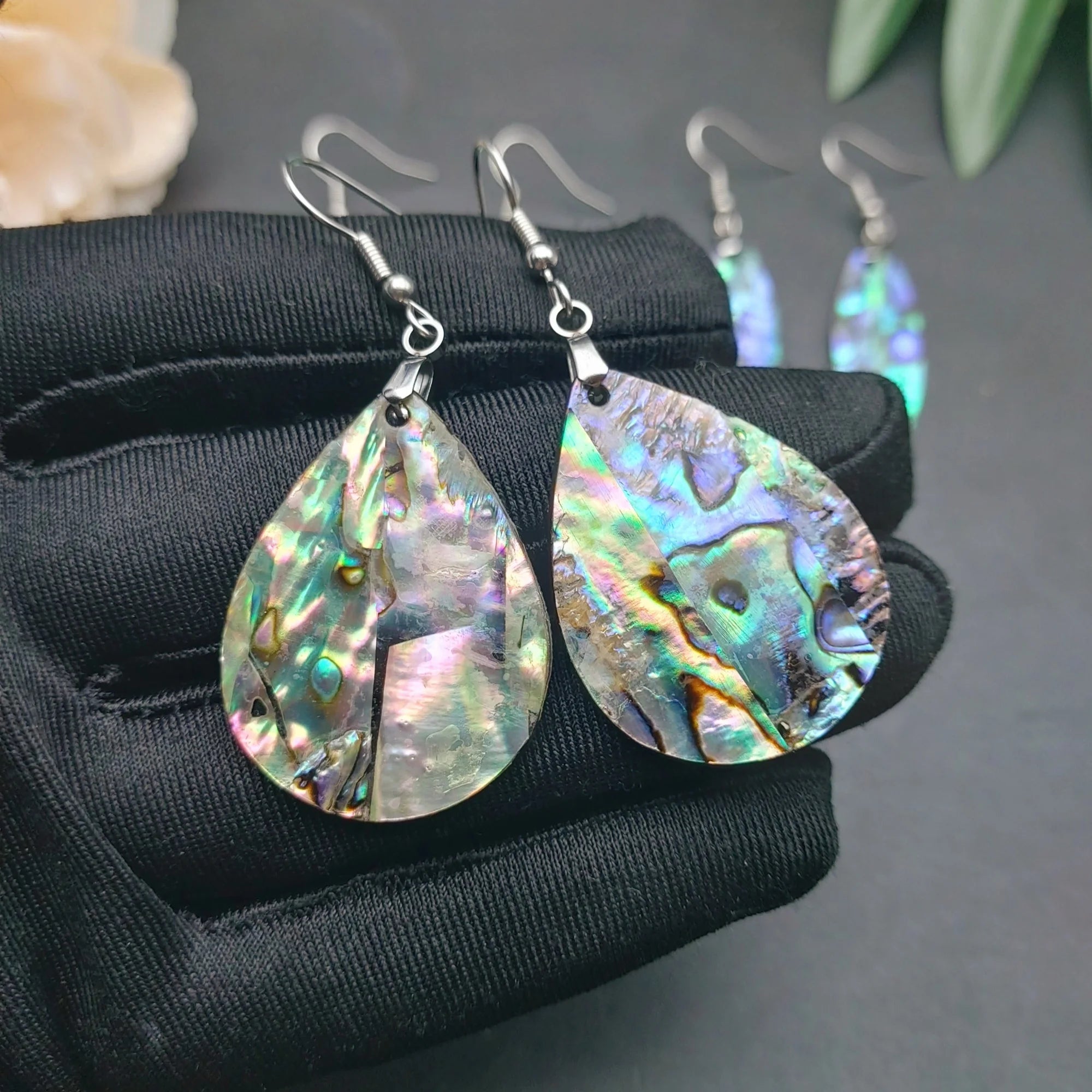 Natural Paua Shell Hand Carving Double Side Dangle Earrings Hawaiian Design Abalone Jewelry