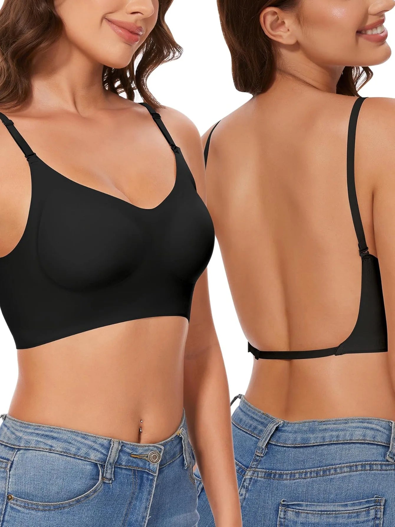 Women Invisible Bra Deep U Plunge Bras Backless Top for Dresses Sexy Lingerie with Transparent Strap Push Up Strapless Underwea