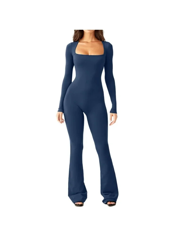 Women's Yoga Suit Long Sleeve Belly Tie Waist Hip Lift Square Neck Wide Leg High Elastic Jumpsuit