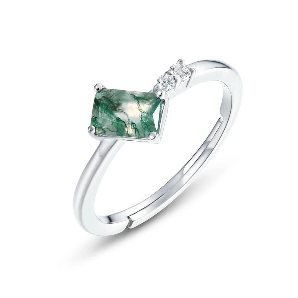 WES 925 Sterling Silver Open Ring for Woman Classic Unique Green Moss Agate Crystal Ring Engagement Gift Wholesale Oval Cut