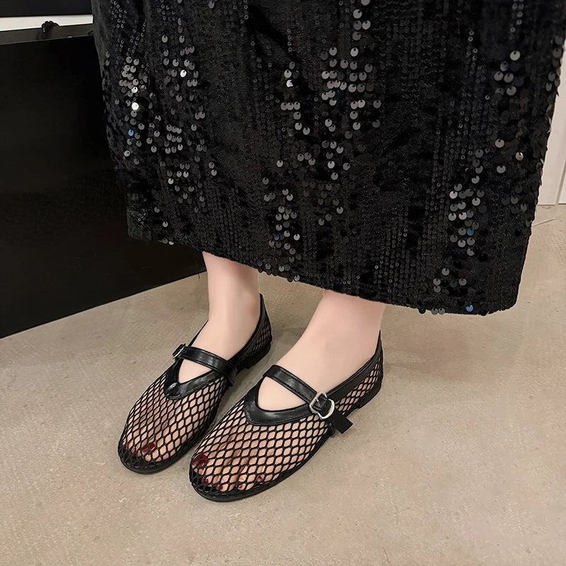 Summer Round Toe Mary Jane Shoes - Cut-Out Fishnet Casual Flats