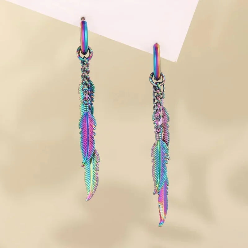 Fashionable and Creative Stainless Steel Colorful Feather Pendant Earrings Street Charm Cool Earrings for Men and Women