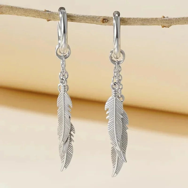 Fashionable and Creative Stainless Steel Colorful Feather Pendant Earrings Street Charm Cool Earrings for Men and Women