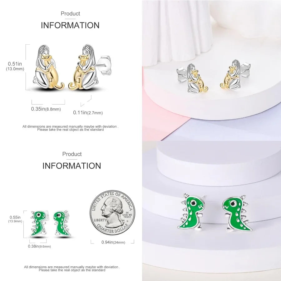 Unicorn Earrings 925 Sterling Silver Original Zircon Elephant Feather Dog Cat Blue Star Small Earrings For Women Jewelry Gift