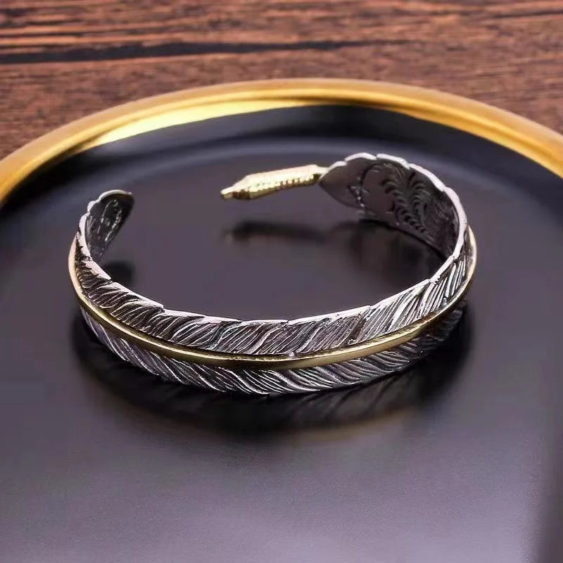 925 Sterling Silver Bracelet Bangle Feather Golden Flower Vintage Punk For Woman Men Fashion Jewelry Gift Dropship Wholesale