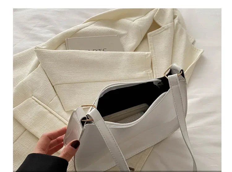 Vintage Wine Red Patent Leather Glossy Underarm Bag 2024 New Minimalist Lady Zipper Shoulder Bag Elegant Versatile Handbag Trend