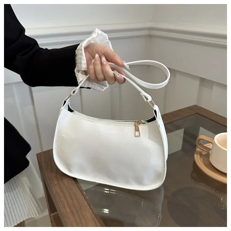 Vintage Wine Red Patent Leather Glossy Underarm Bag 2024 New Minimalist Lady Zipper Shoulder Bag Elegant Versatile Handbag Trend