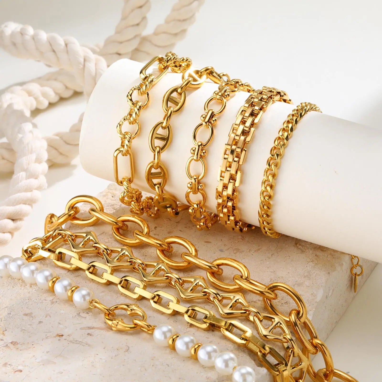 Gold Plated Chunky Chain Bracelet, Stainless Steel Minimalist Link Waterproof, Thick Brand Wristband Bangle For Women