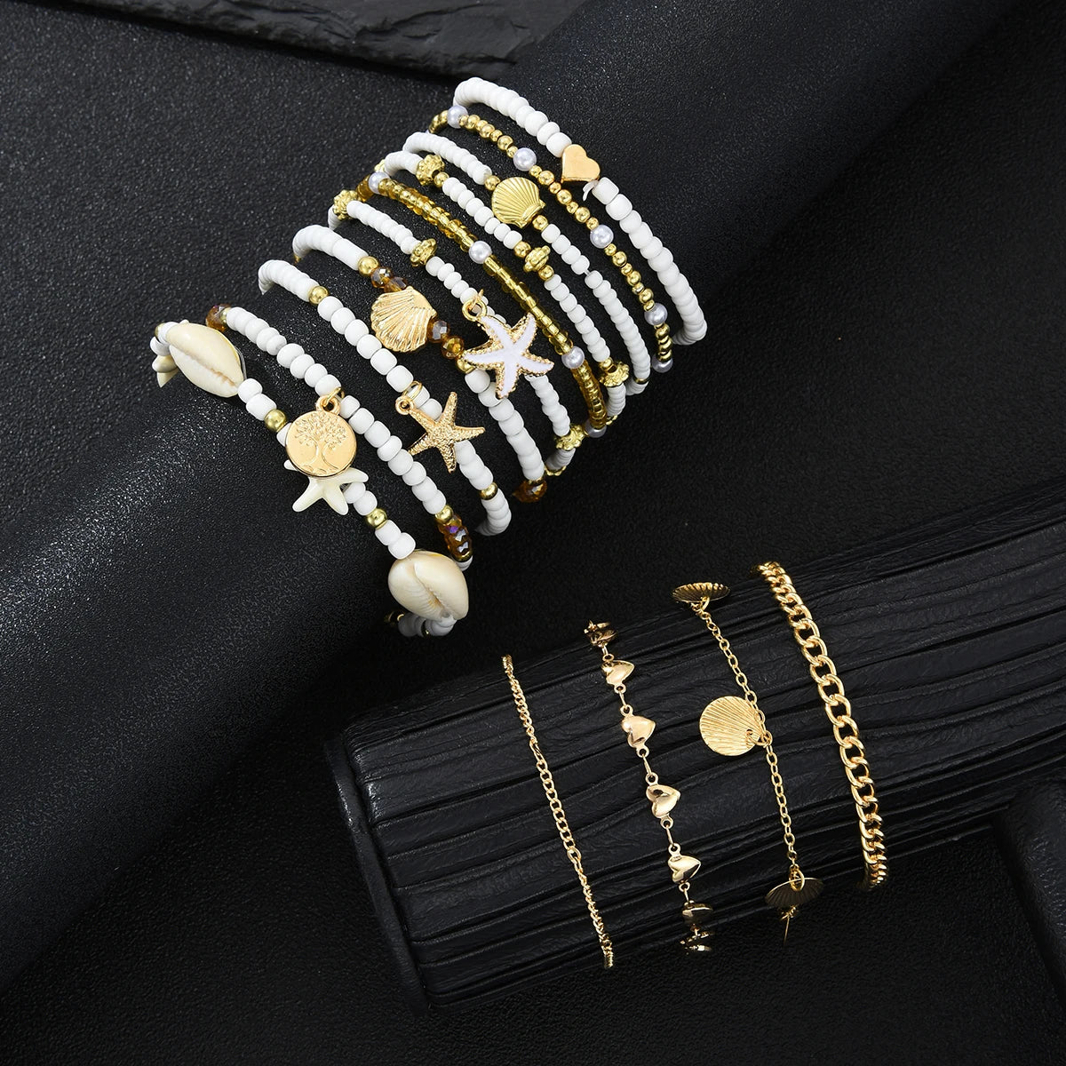 14Pcs/Set Bohemian Rice Beads Starfish Shell Anklet Sets for Women Retro Gold Color Multilayer Foot Chain Vacation Jewelry Gifts