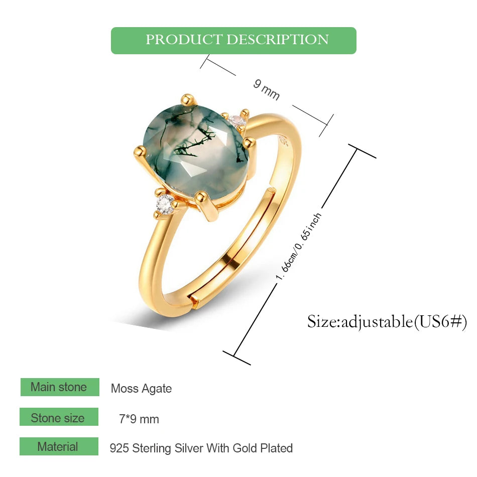 WES 925 Sterling Silver Open Ring for Woman Classic Unique Green Moss Agate Crystal Ring Engagement Gift Wholesale Oval Cut