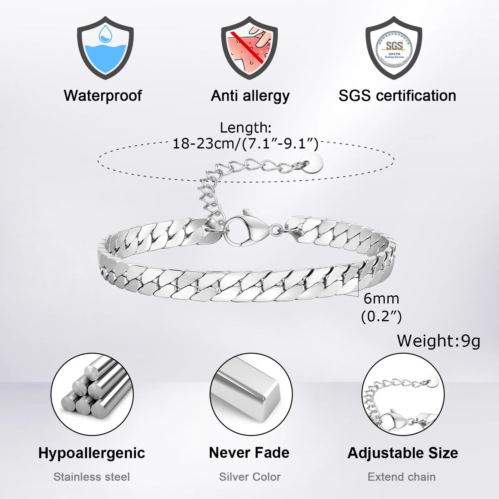 Vnox Waterproof Cuban Chain Bracelets for Men Women, Never Fade Simple Stainless Steel Flat Miami Curb Link Chain Wristband