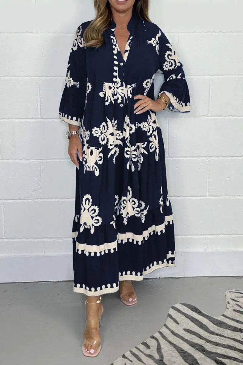 2024 Autumn Fashion New Women's Commuting Style Casual Printed Dress Loose Single Breasted Horn Sleeve Elegant Dress