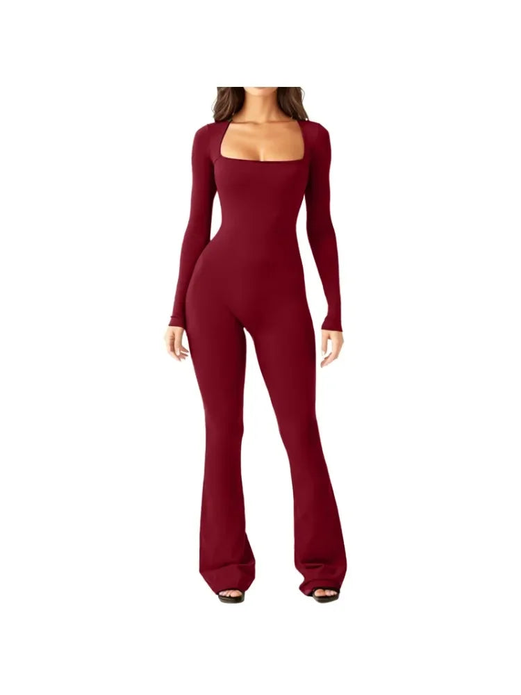Women's Yoga Suit Long Sleeve Belly Tie Waist Hip Lift Square Neck Wide Leg High Elastic Jumpsuit