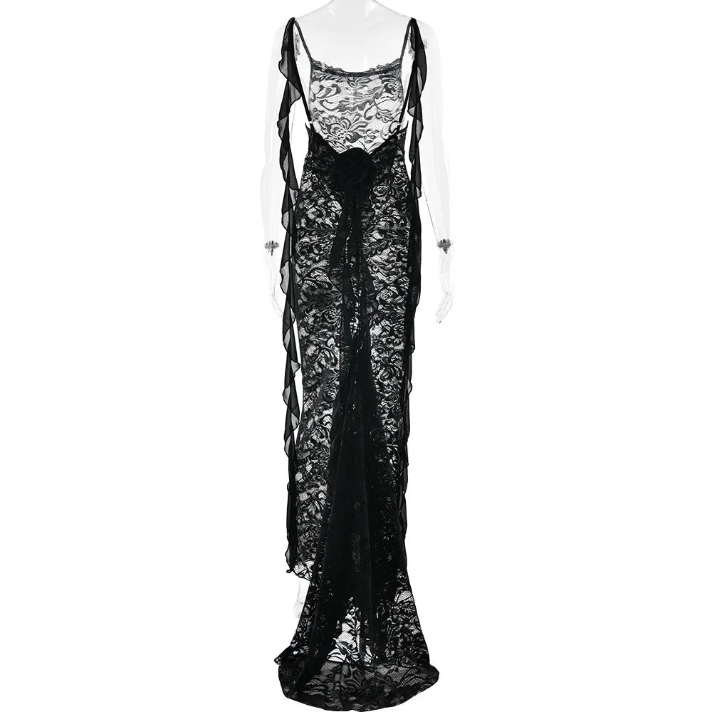 Articat Sexy Sleeveless Lace Patchwork Print Women Backless Party Evening Dress 2024 New Trailing Long Skirt Flowing Vestido