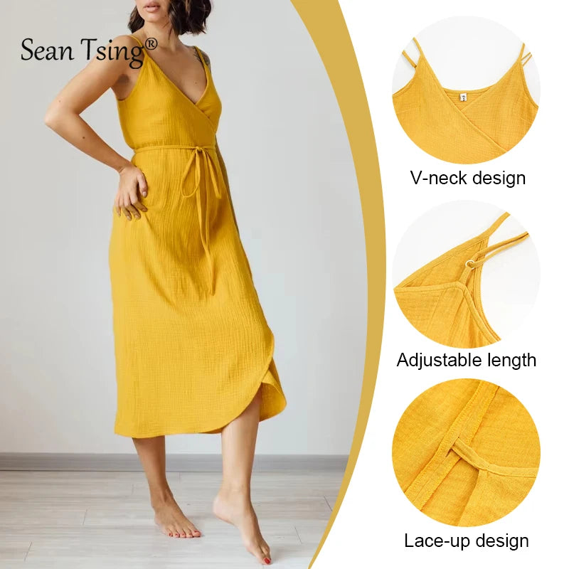 100% Cotton Gauze Elegant Dresses For Women SummerSexy Adjustable Strap Sleeveless Open Side Bandage Party Dresses Vestido