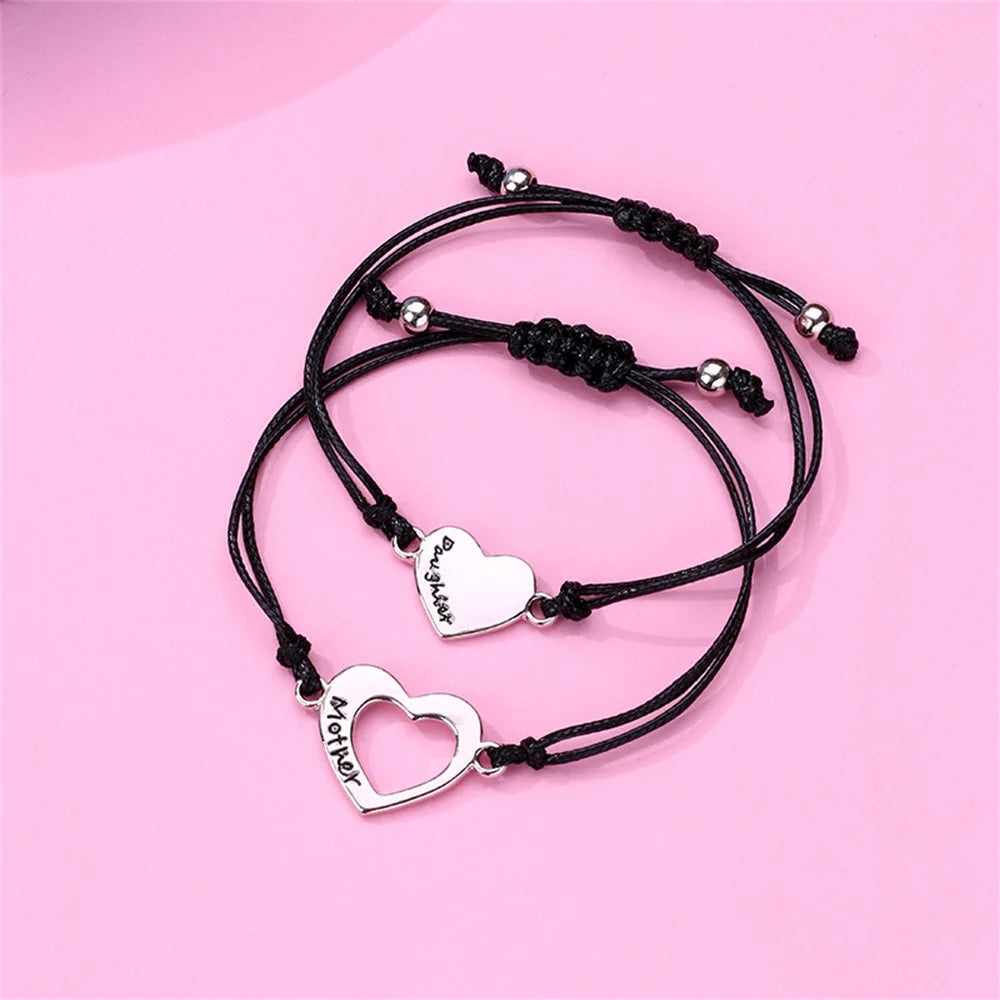 2Pcs Mother and Daughter Hollow Heart Braided Bracelet Adjustable Love Wrist Rope Bangle DIY Jewelry Accessories Festival Gifts