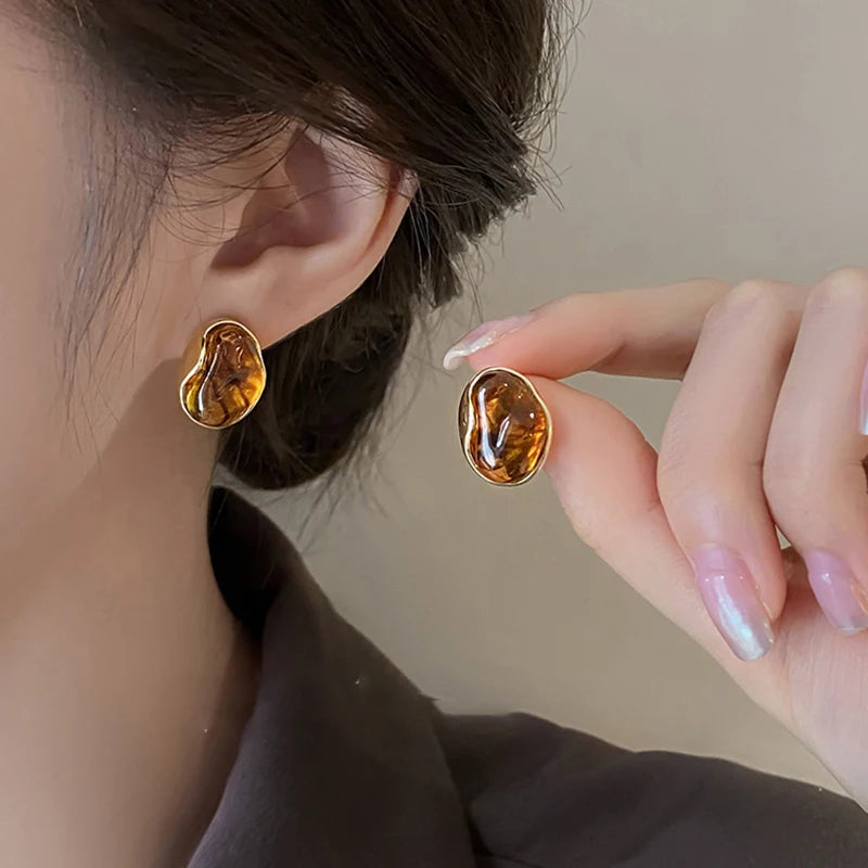 New Brown Resin Tiger Eye Stone Dangle Earrings for Women Fashion Silver Needle Earring Personality Melard Color Jewelry