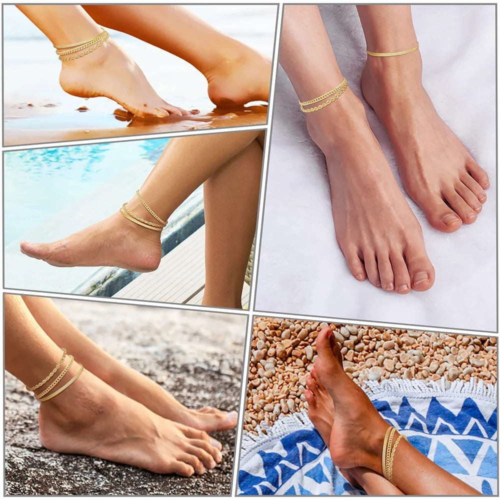 3Pcs Stainless Steel Anklet Set For Women Snake Twisted Rope Chain On Foot Female Summer Beach Ankle Bracelet Never Fade Jewelry